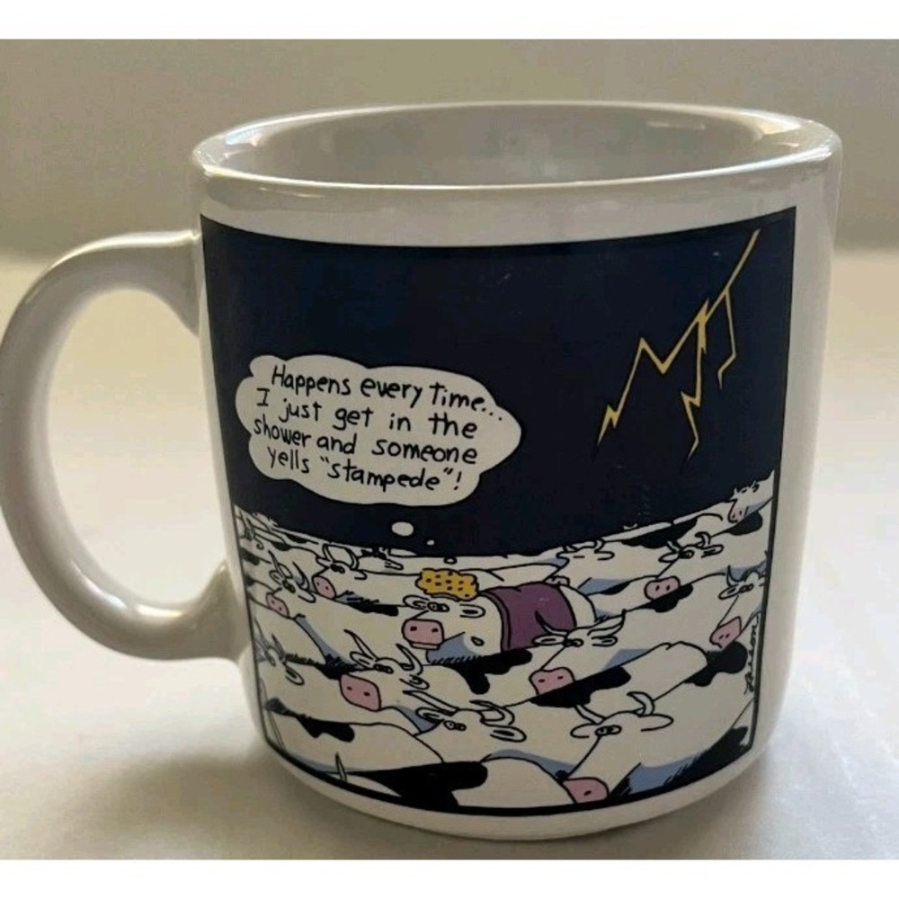 Vintage The Far Side Cows Shower Stampede Funny Aged 1986 Coffee Mug Gary Larson